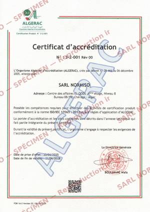 Accréditation ALGERAC ISO/CEI 17065 — certificat n° 3-2-001