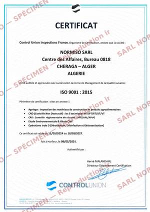 Certificat ISO 9001:2015 — Control Union