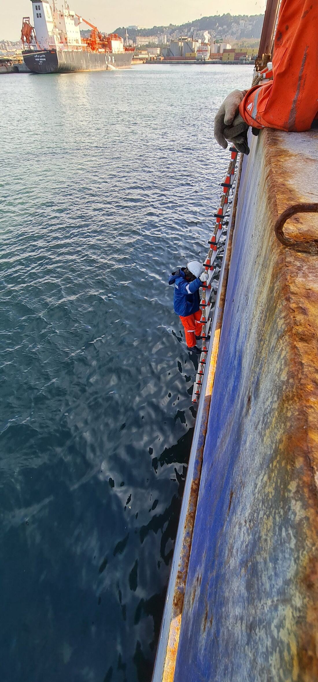 Expert maritime montant à bord par l'échelle de pilote